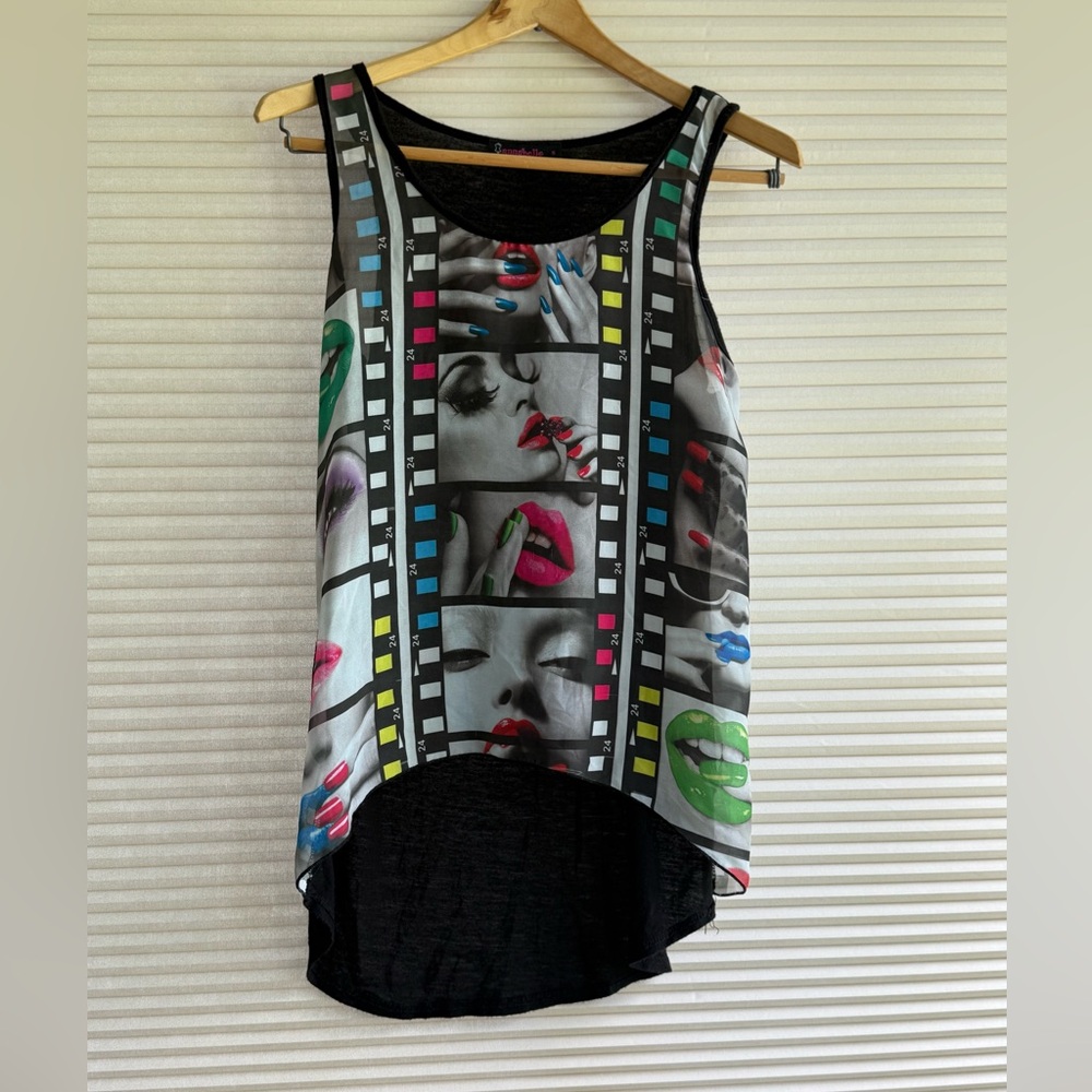 Vintage Annabelle Women’s Top Black Multicolor Sheer Front High Low Shirt